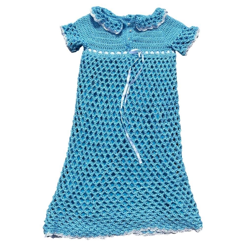 Vintage Handmade Crochet open knit Youth Dress blue white collared delicate